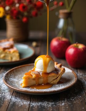 Warm apple pie with ice cream, caramel sauce sits on wooden table. Generous stream of caramel flows over dessert. Fresh fruit slices nearby, creating inviting food scene. Image represents indulgence,