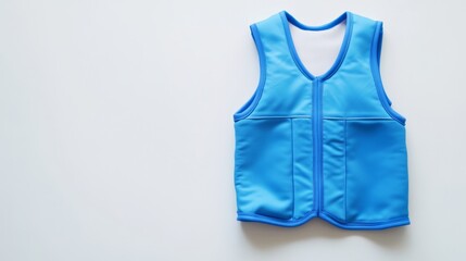 Empty child's swim vest in bright blue color placed alone on a clean white surface, showcasing its design and functionality for safety in water activities