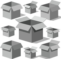 Isolated a kinds of deferent empty gray opened cube cardboard boxes with shadows, against a white background.vector art with white background.