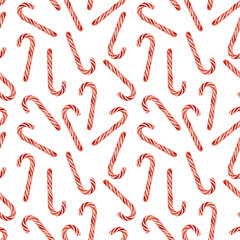 Seamless pattern of red and white candy canes on white.