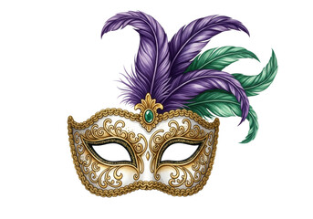 Detailed traditional venetian volto mask illustration, watercolor wash texture, ornate gold filigree, vibrant purple and emerald feathers on a high-key background. concept of historical carnival