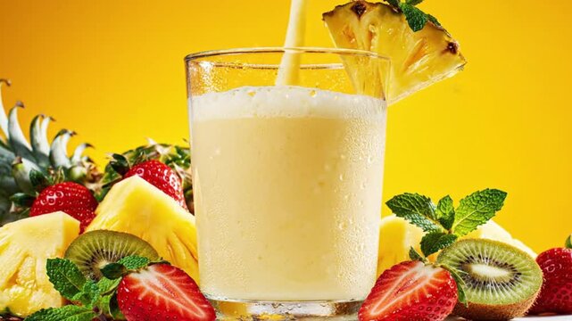 A refreshing, creamy yellow smoothie is poured into a chilled glass, creating a delightful foam. The vibrant scene features a lush assortment of fresh, ripe pineapple, succulent strawberries, and brig