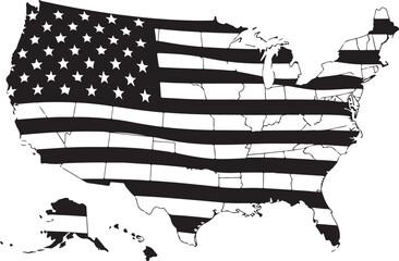 United States Map Silhouette with American Flag Stripes and Stars vector illustration