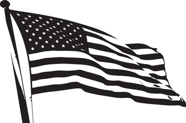 Waving American Flag Silhouette on White Background Keywords: American flag, USA flag, United