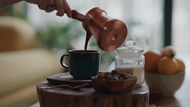 Close-up of traditional Turkish coffee being carefully poured from a copper cezve (ibrik) into a ceramic mug.