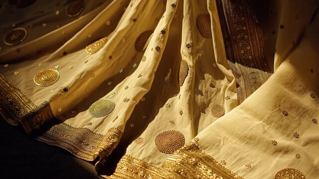 Luxurious Golden Fabric with Intricate Sequin Embellishments and Drapes