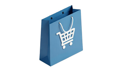 Blue Shopping Bag with Cart Icon on White Background