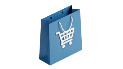 Blue Shopping Bag with Cart Icon on White Background