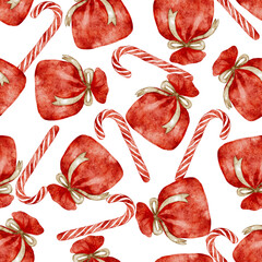 Red christmas sack and candy cane holiday watercolor seamless pattern.