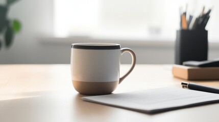 Organized morning routine checklist on paper beside a ceramic cup on a wooden table, creating a serene workspace atmosphere for productivity