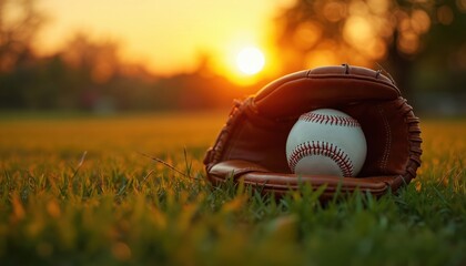 Baseball and glove sit in green grass during warm golden hour sunset. Soft light illuminates sports equipment on field, evoking peaceful feelings.