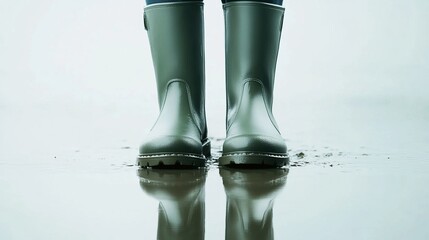 Rain boots standing in a puddle on a studio surface, reflecting light and showcasing a neutral topaz background, creating a vibrant and dynamic visual experience