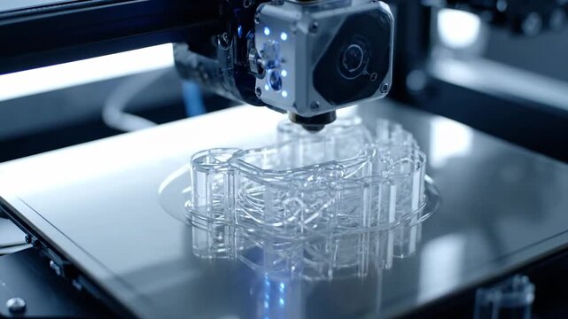 Close-up of 3D printer creating clear object. Technology, innovation, manufacturing, design. Modern industrial process. 3D printing concept.