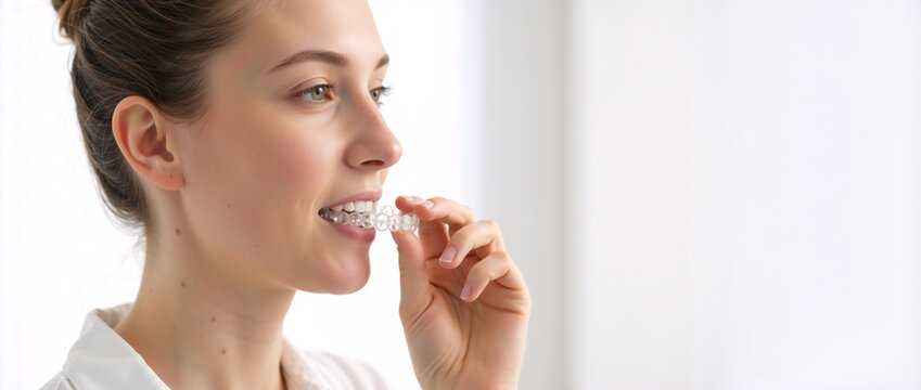 A young woman holds a transparent clear aligner. Invisible dental brace for teeth straightening. Orthodontic treatment concept with copy space