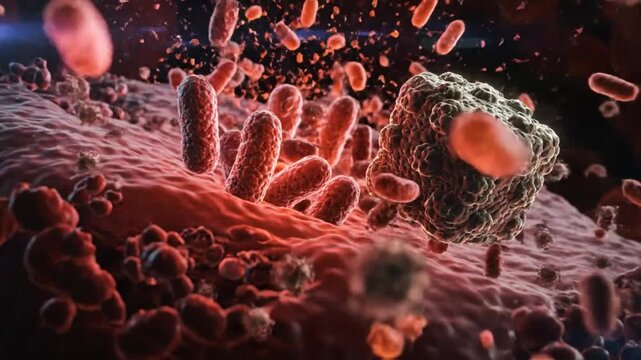 Microscopic view of cellular interaction showing bacteria invading tissue causing infection or disease process