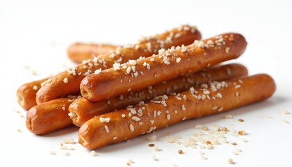 Crispy breadsticks are sprinkled with coarse salt and sesame seeds. This tasty snack is perfect for parties, bakeries, or as a light meal option. Enjoy these crunchy baked goods.