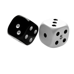 High-contrast, photorealistic macro shot of jet black and transparent d6 gaming dice frozen mid-roll, showing pips 6, 1, 5, and 2, isolated on a transparent background. Concept of high stakes