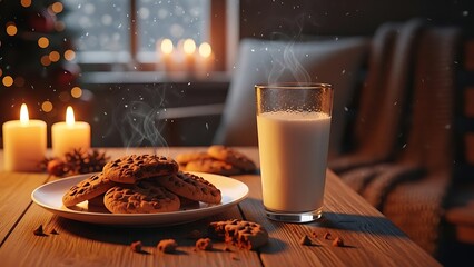 A cozy christmas evening with warm milk and cookies by candlelight