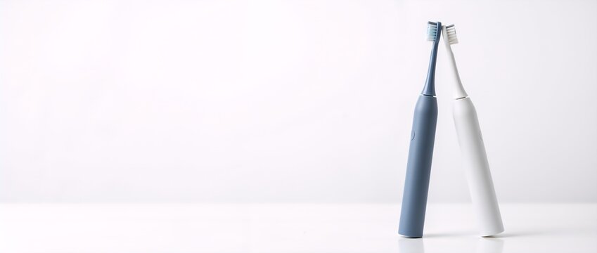 Two modern electric toothbrushes for a couple's daily oral hygiene. Dental care and wellness concept on a minimalist white background with copy space - Powered by Adobe