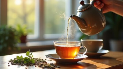 A person pouring steaming herbal tea from a teapot into cups on a wooden table with loose leaves and fresh herbs, relaxation mindfulness and cozy home wellness
