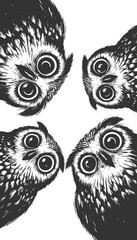 Naklejka premium wide-eyed owls peeking downward with expressive faces sketch engraving generative ai raster illustration. Scratch board imitation. Black and white image.