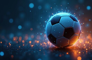 Naklejka premium Soccer ball glows with tech. Light trails emit from surface. Backlit with bokeh on ground. Energy and sport concept. Futuristic football illustration. Modern design for digital use.