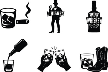 Artistic whiskey silhouette bundle set including premium drink illustrations