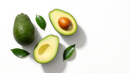 Fresh Ripe Avocado Halves with Leaves on a White Background, Healthy Food Ingredient