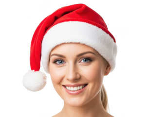 Young woman wearing a santa hat and smiling, isolated on transparent background