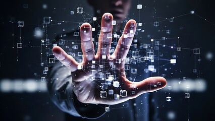 Businessman interacting with a glowing digital network of interconnected cubes representing blockchain technology and abstract data flow in a dark environment