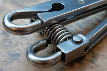 Close up view of a sturdy metal spring loaded clamp with robust hooks for secure fastening and industrial applications