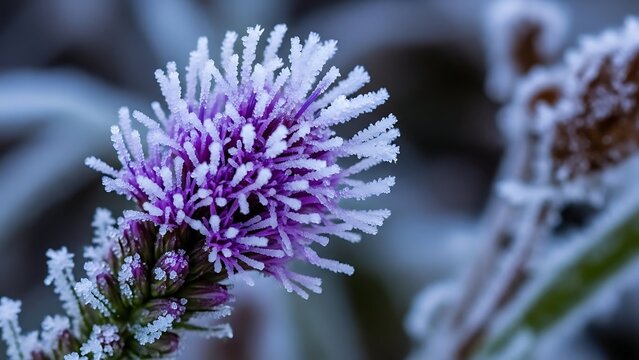 Closeup of purple thistle flower with ice frost on winter day - Powered by Adobe