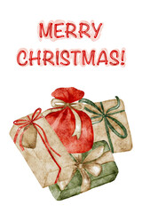 Merry christmas card watercolor gifts on white background.