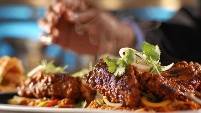 Professional chef's hand carefully garnishing a delicious, savory dish of grilled meat with fresh cilantro and onions.