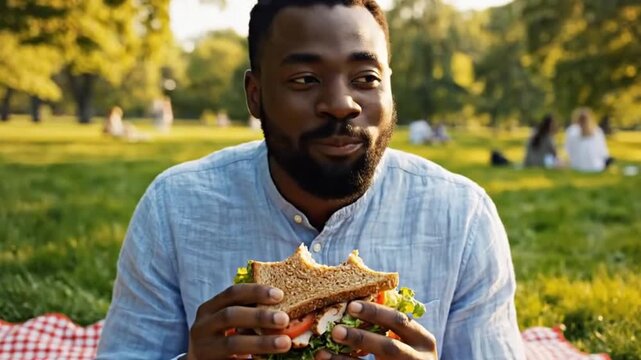 A smiling young adult man is captured mid-bite, thoroughly enjoying a fresh, wholesome sandwich while picnicking outdoors. He holds the hearty meal, brimming with crisp lettuce, ripe tomatoes, and sli