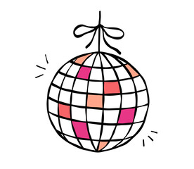Disco ball with cute bow. Vector doodle illustration. Whimsical party drawing isolated on white background