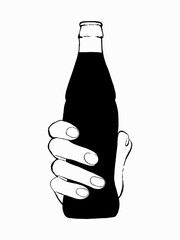 Black and white drawing of a hand holding a water glass, vector illustration