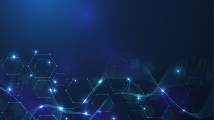 Health care or medical abstract background with hexagons, lines and dots. Scientific innovation banner template concept. Biology and pharmaceutical technology background. Vector illustration.