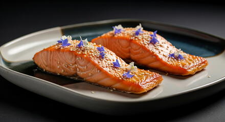 Two salmon fillets with sesame seeds and blue flowers