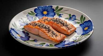Two cooked salmon fillets with sesame seeds on a floral plate