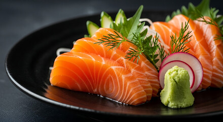 Sliced raw salmon sashimi with wasabi and garnish raw fish