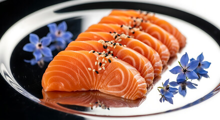 Sliced salmon with sesame seeds and blue flowers on silver platter