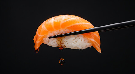 Salmon Nigiri Sushi Held by Chopsticks Dripping Soy Sauce