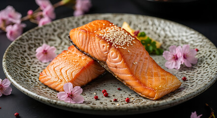 Two grilled salmon fillets with sesame seeds and pink flowers