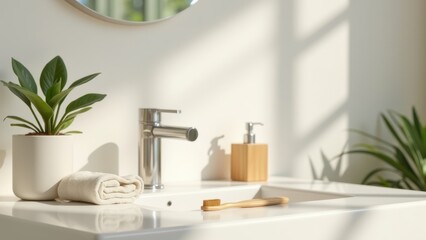 A clean minimalist bathroom counter with bamboo toothbrush glass soap dispenser reusable cotton pads and a linen towel neatly arranged beside a small green plant, sustainability and wellness