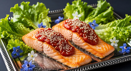 Two salmon fillets with red sauce and sesame seeds on a tray with lettuce and flowers