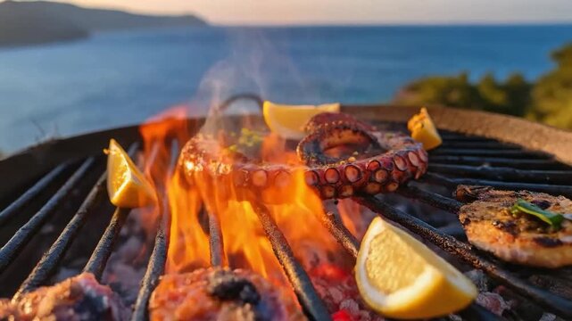 Grilled octopus and seafood cooking over open flames with lemon wedges, set against a scenic seaside backdrop at sunset.