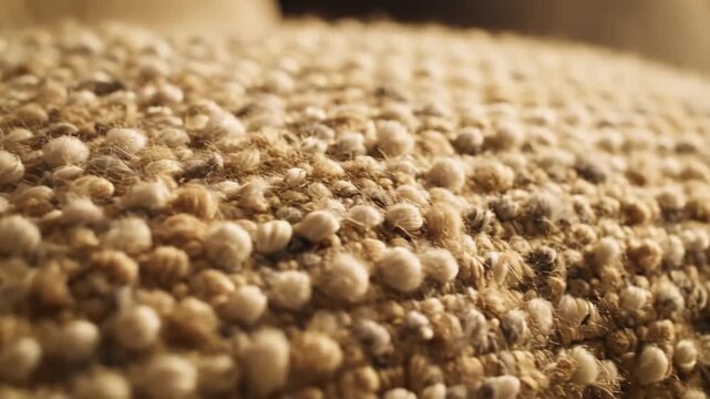 Close-up of beige wool carpet texture, fluffy, soft, home decor surface and background.
