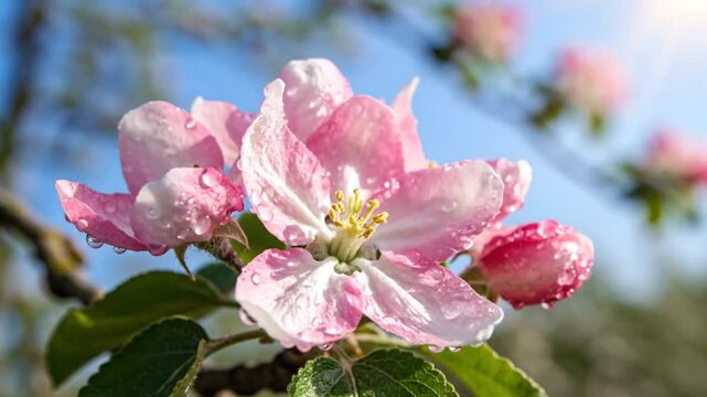 Delicate pink apple blossoms with water droplets in spring sunshine against a soft blue sky and blurred background