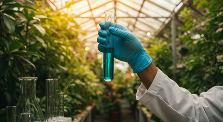 Scientist hand holding a test tube in a greenhouse environment representing agricultural research, biotechnology, and plant science innovation.